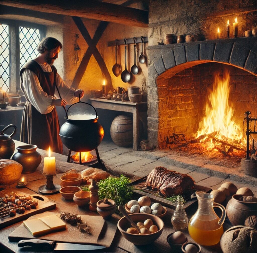 medieval European kitchen scene, featuring an open hearth, a cook stirring a cauldron, and various medieval ingredients and tools